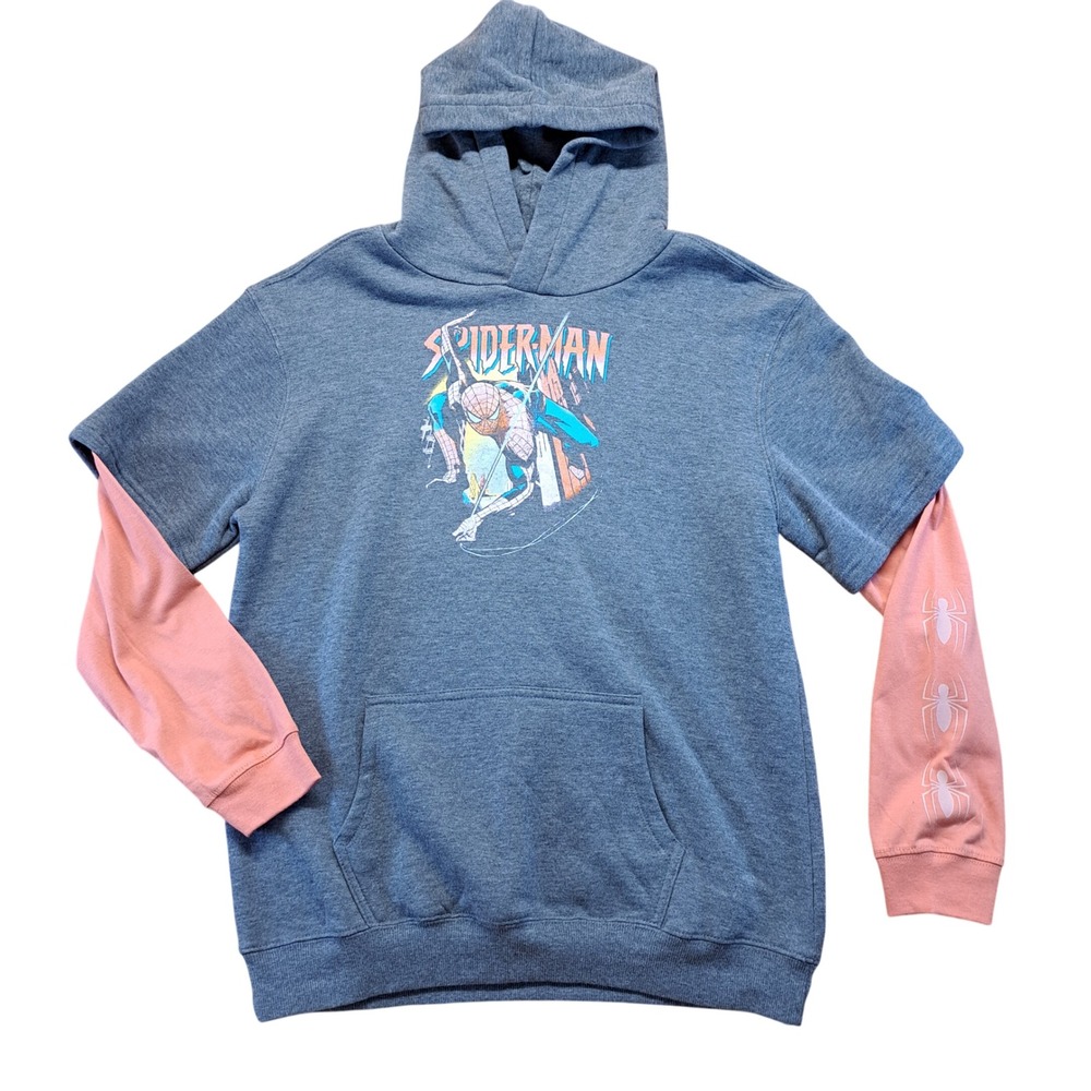 Marvel Spider-Man Hoodie Kids XL Grey Peach Excellent Layered Graphic Sweatshirt
